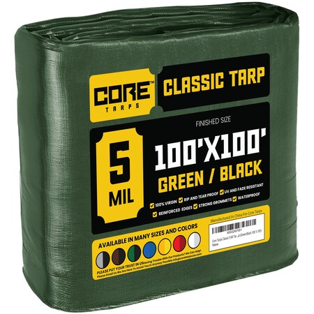 Core Tarps Tarp, 100 ft L x 0.5 mm H x 100 ft W, 5 Mil, Green/Black, Polyethylene CT-503-100X100